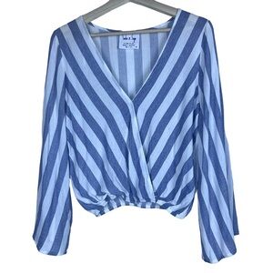 Sadie & Sage Faux Wrap Size XS Blouse Bell Sleeve Stripes Plunge White Blue